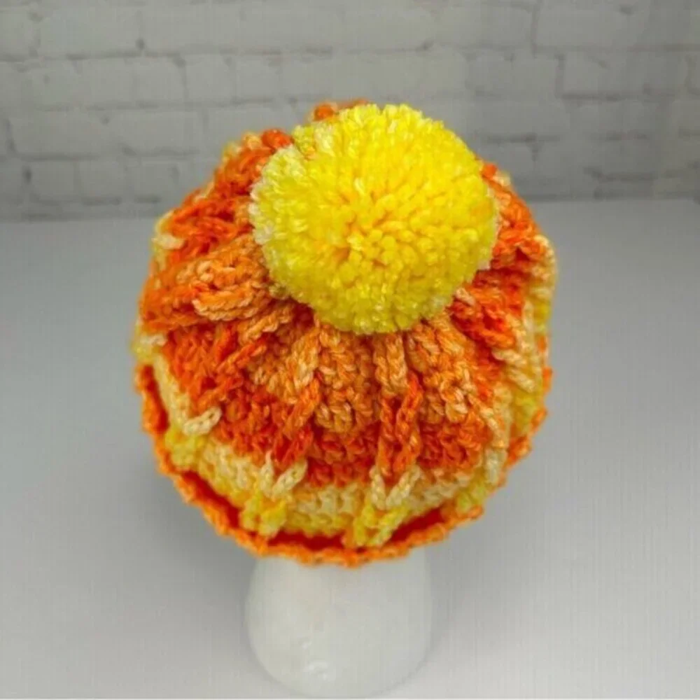 Created By Cyd Crochet Beanie Orange Yellow Gradient Pom Pom Cable Knit Hat NEW